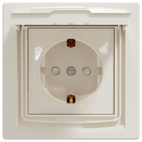 Розетка с заземлением Asfora 1-я с крышкой и шторками, IP44, Кремовая