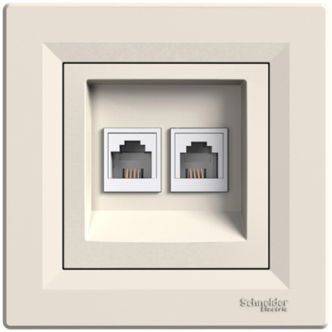 Розетка Asfora телефонная двойная, RJ11, 4 контакта, Кремовая