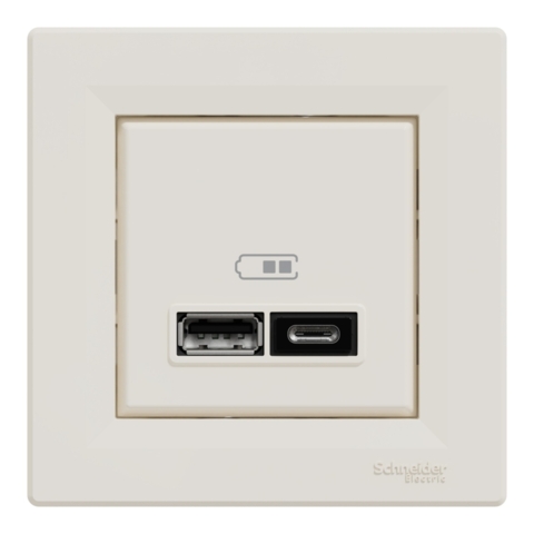 Розетка Asfora USB, 2 выхода, тип А+С 2,4А, Кремовая