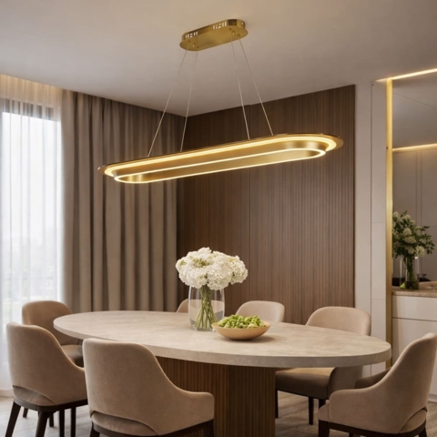 Люстра з видовженим підвісним сатиновим корпусом та янтарним склом 100 см