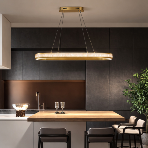 Люстра з видовженим підвісним латунним корпусом і акриловими вставками 100х30 см