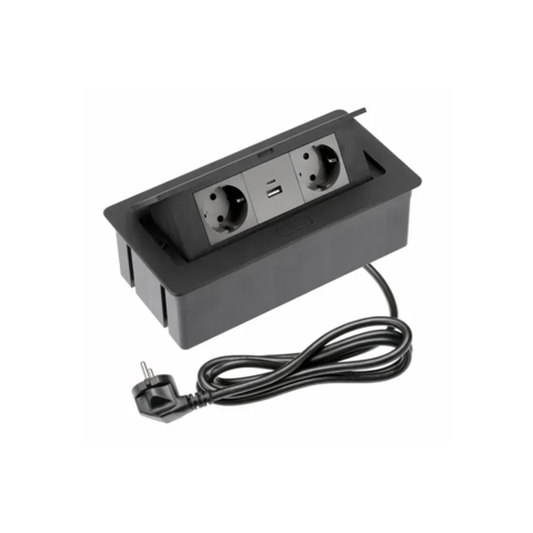 Розетка мебельная GTV SOFT 2xSchuko, USB A+C, кабель питания с вилкой, черный