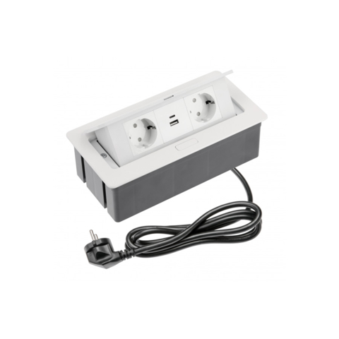 Розетка мебельная GTV SOFT 2xSchuko, USB A+C, кабель питания с вилкой, белый