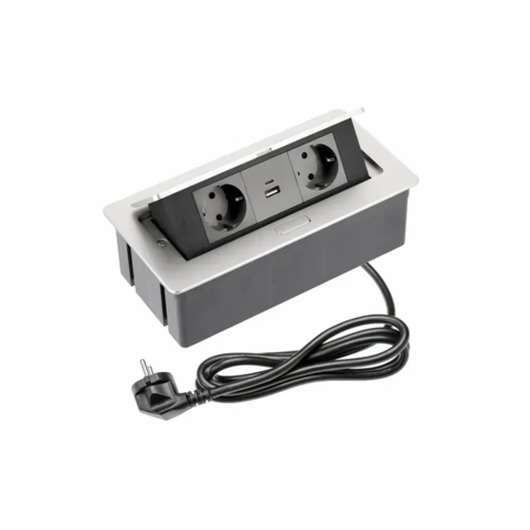 Розетка мебельная GTV SOFT 2xSchuko, USB A+C, кабель питания с вилкой, алюминий