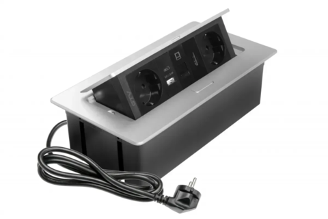 Мебельная розетка GTV MULTISOFT, 2хSHUKO, USB A+C, RJ45, HDMI кабель 1.5м, алюминий