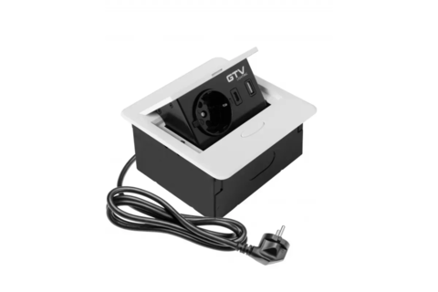 Встраиваемая мебельная розетка GTV AVARO, 1x розетка Schuko, USB A+C, кабель 1,5м, белая