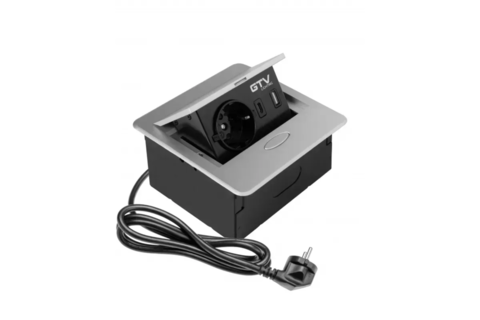 Встраиваемая мебельная розетка GTV AVARO, 1x розетка Schuko, USB A+C, кабель 1,5м, серебряный
