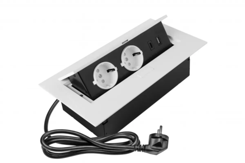 Удлинитель GTV для офиса врезной в стол 2x розетка Schucko, 2xUSB A+C, белый