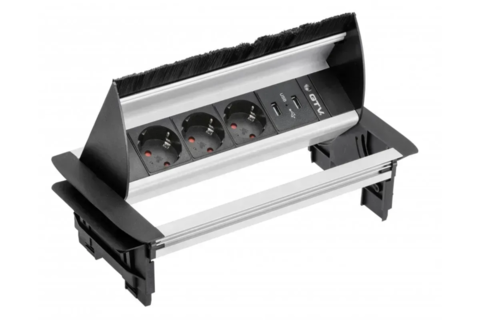 Удлинитель настольный GTV без нижнего корпуса 3x гн. schucko, 2xUSB C, инокс, с кабелем 1,5 метра и вилкой