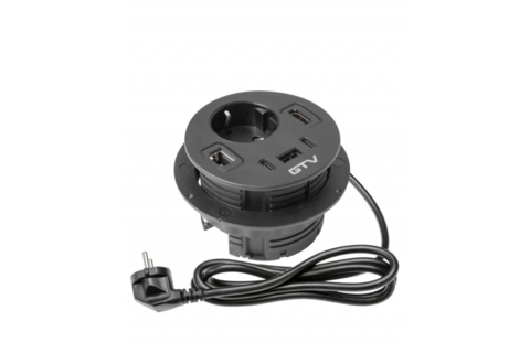 Мебельная розетка GTV RONDO, 1хSHUKO, 1xUSB-A, 2xUSB-C, HDMI, RJ45 кабель 1.5м, черный