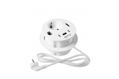 Мебельная розетка GTV RONDO, 1хSHUKO, 1xUSB-A, 2xUSB-C, HDMI, RJ45 кабель 1.5м, белый