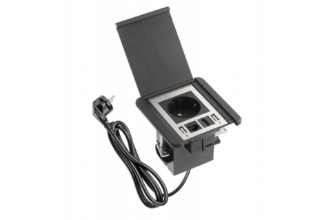 Удлинитель GTV врезной квадратный FLIP, 1xSCHUKO, 2xUSB A, 1xRJ45, 1xHDMI, кабель с вилкой 1,5м, черный