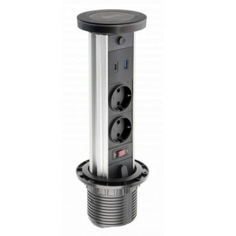 Подовжувач вбудований GTV CAMINO, індукційна зарядка, 2x роз. schuko, USB A+C 10W, 1,5 м, чорний