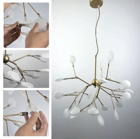 Современная каскадная листовая люстра в золотистом корпусе на 27 ламп