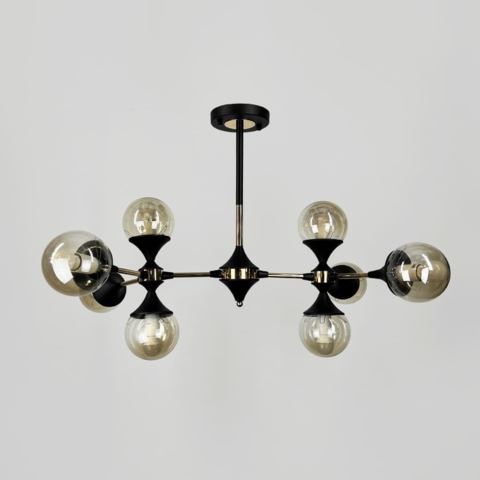 Люстра в черном корпусе с золотом на 8 янтарных плафонах