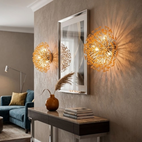 Декоративне бра-квітка у сатиновому корпусі із оранжевими намистинками Ø 40 см