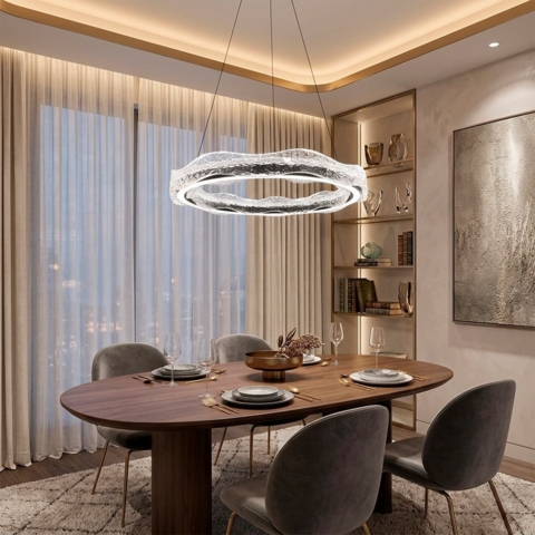 Люстра з кільцевим підвісним корпусом з рельєфного хвилястого акрилу з поталлю Ø80 см