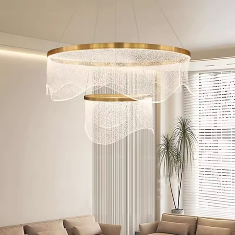 Підвісна золота люстра з іскристими акриловими кільцями Ø80+40 см