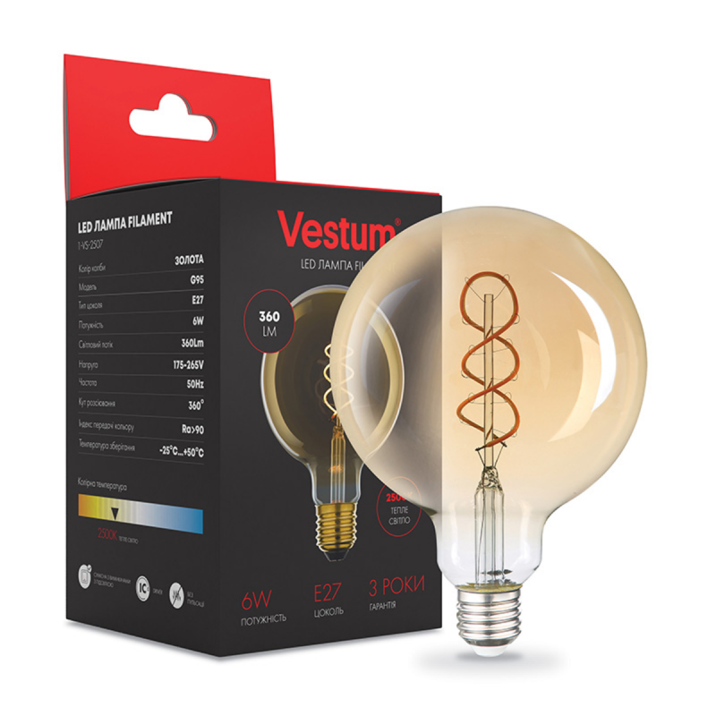 Филаментная лампа Vestum "винтаж" golden twist G95 Е27 6Вт 220V 2500К