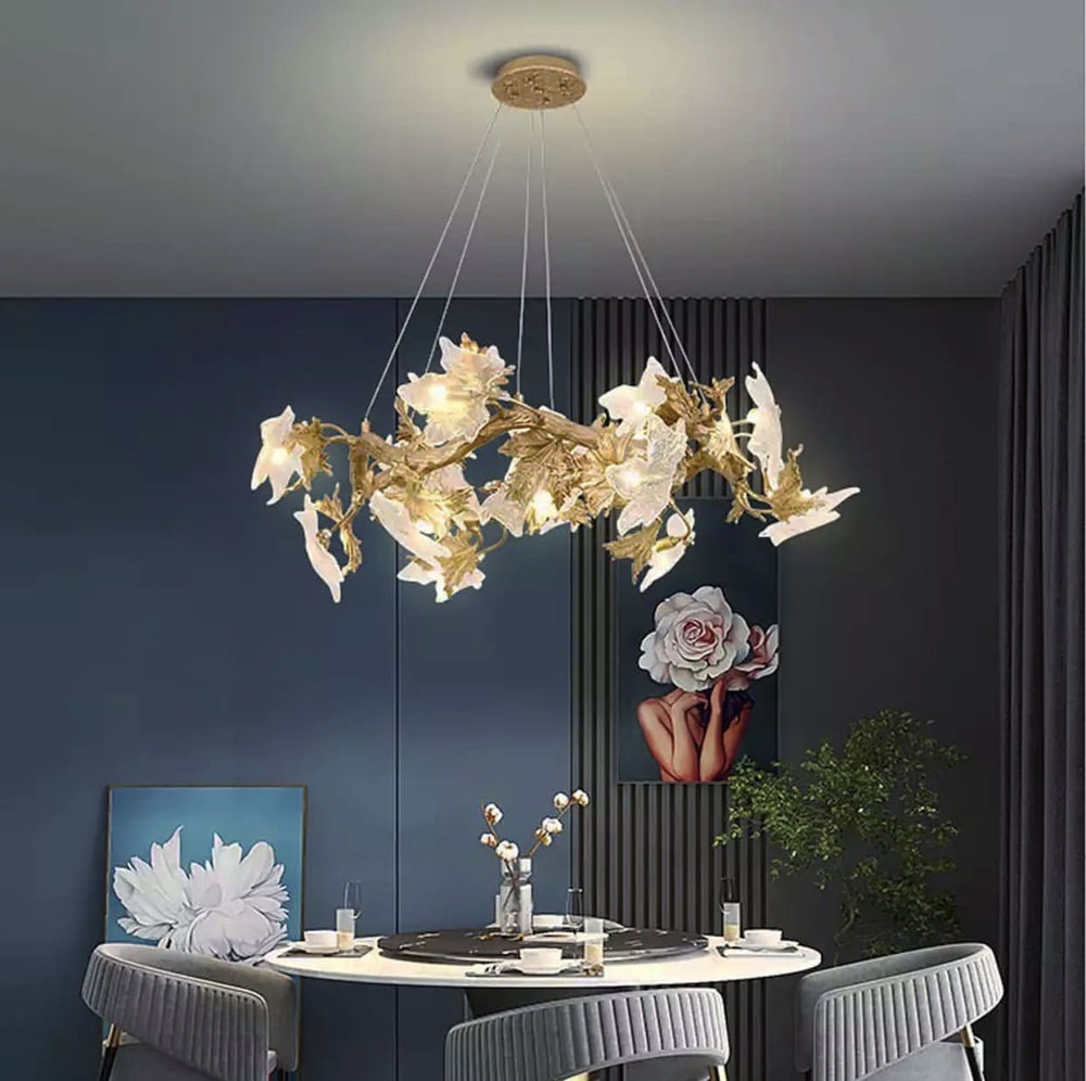 Підвісний світильник з декоративним металевим та скляним листям клену 